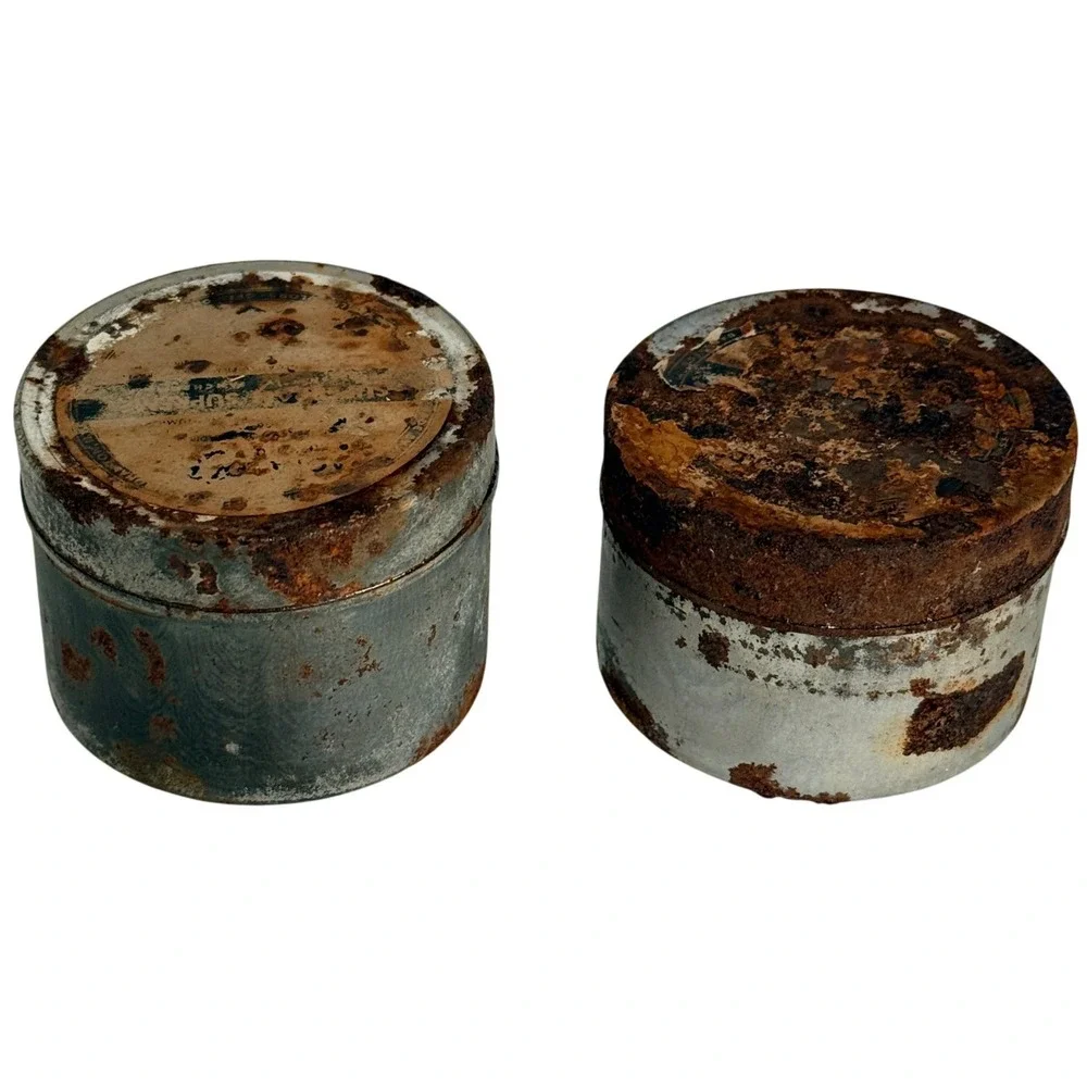 Vintage Industrial Metal Tins Set of 2 Small Round Storage Containers Rusted Tin
